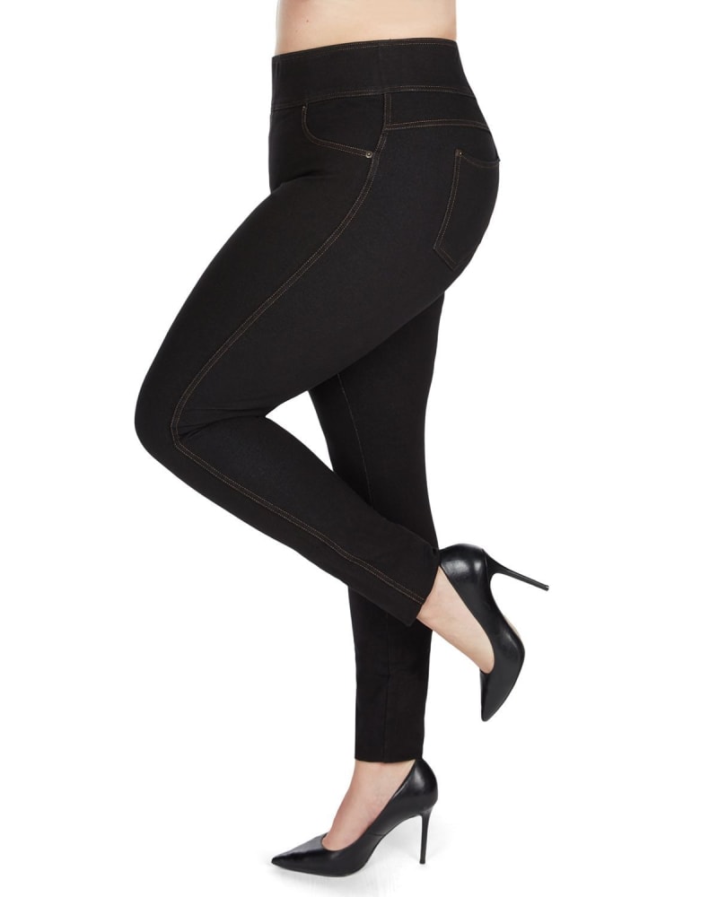 Side of a model wearing a size L-XL Cotton Blend Denim Shaping Jean Leggings in Black by Memoi. | dia_product_style_image_id:299714